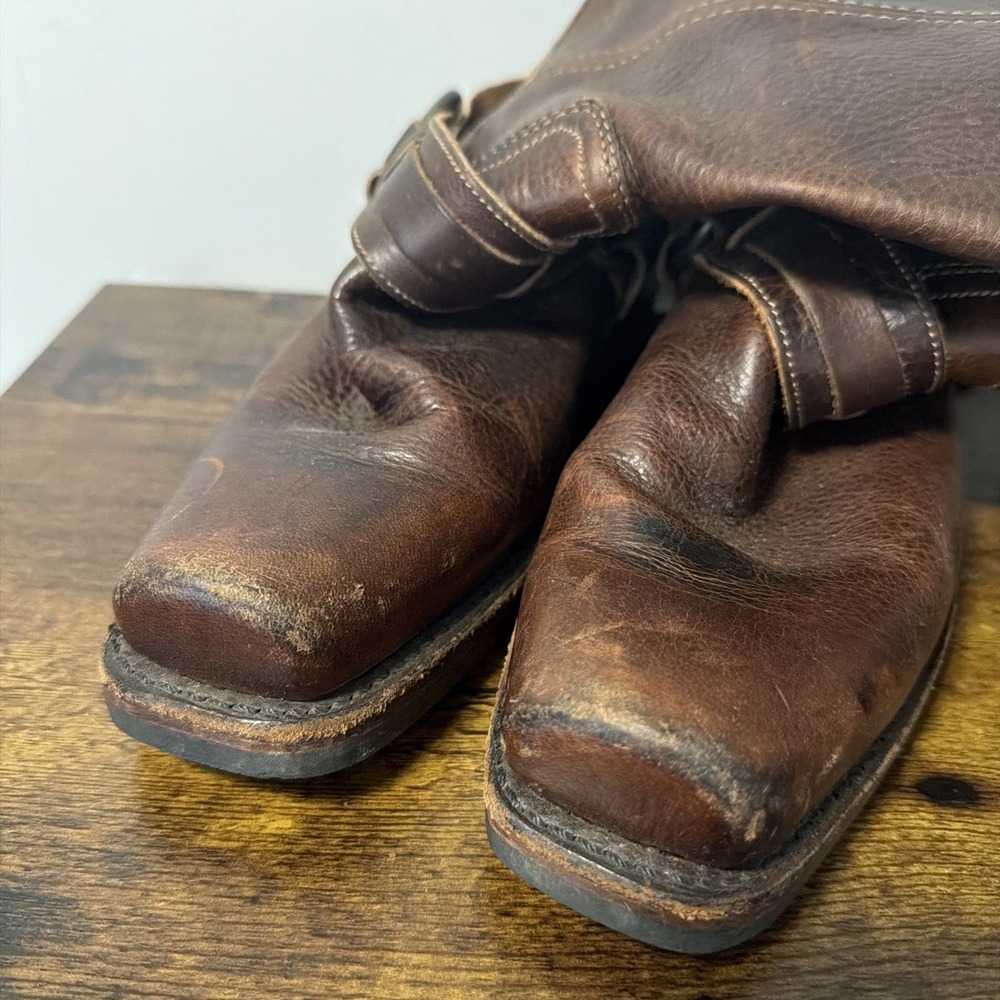 FRYE Brown Leather Belted Harness 12R Mid-Calf Boots, Square Toe Buckle, Sz 9M - Picture 4 of 10